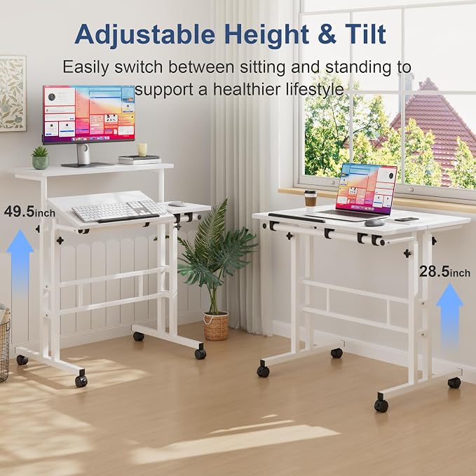 VECELO Mobile Small Standing Desk Adjustable Height, Computer Workstations with Tiltable Tabletop, Lockable Wheels, Portable Rolling Laptop Desk for Home Office, White