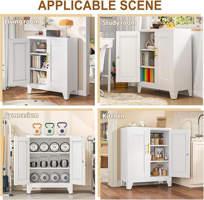 36" Metal Storage Cabinet with Lock,Steel Locker Organizer, Office File Cabinet with 2 Doors and 2 Adjustable Shelves,Outdoor Tool Garage Cabinets for Home Office,Gym,School,Warehouse(White)