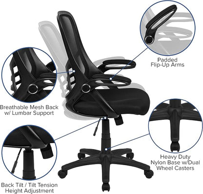 Flash Furniture Porter High Back Black Mesh Ergonomic Swivel Office Chair with Black Frame and Flip-up Arms