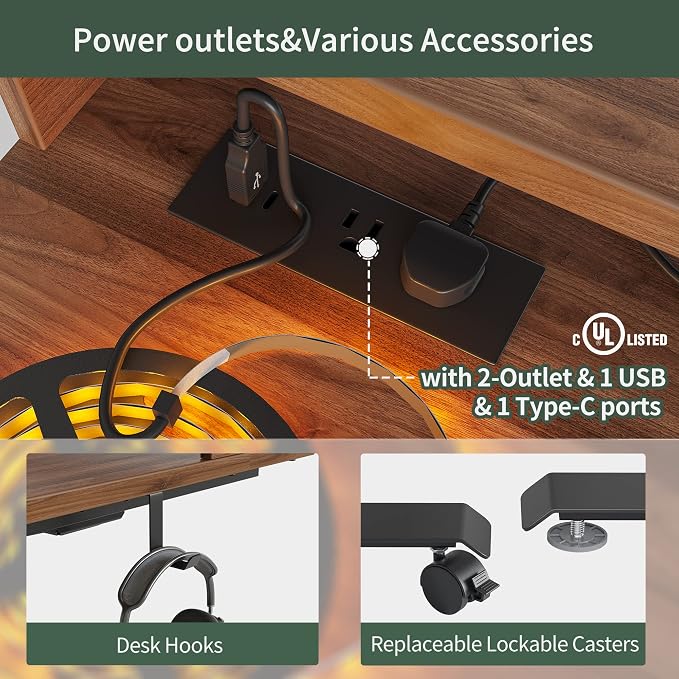 FEZIBO 63"x49" L Shaped Standing Desk with Arc LED & Power Outlet, Electric Height Adjustable L Shaped Desk with Monitor Stand, for Gaming Office, Black Walnut（2 Packages）