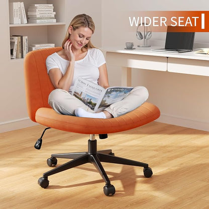 Criss Cross Chair with Wheels, Cross Legged Office Chair, Armless Office Chairs Adjustable Height Swivel Tilting Vanity Chairs for Home Bedroom (PU Leather, Orange)