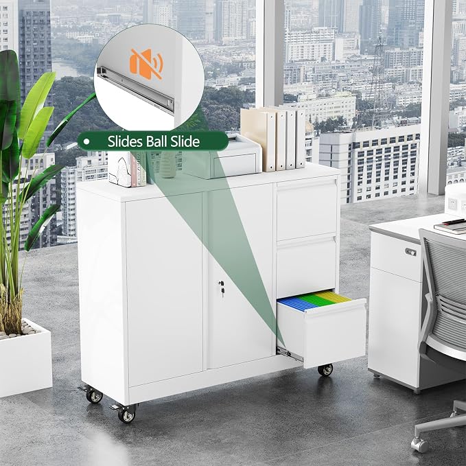 winiowa Mobile 3-Drawer File Cabinet with Wheel, Metal Lateral Rolling Printer Stand Filing Cabinets with Lock, Office Storage Cabinet for Office, Home, Garage, School, Gym-White