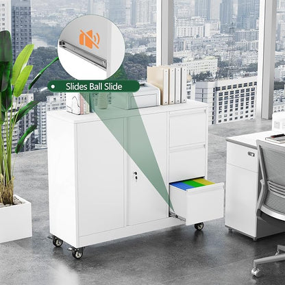 winiowa Mobile 3-Drawer File Cabinet with Wheel, Metal Lateral Rolling Printer Stand Filing Cabinets with Lock, Office Storage Cabinet for Office, Home, Garage, School, Gym-White