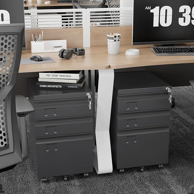 METAN Metal 3 Drawer Mobile File Cabinet with Lock, Under Desk Metal Filing Cabinet for Legal/Letter File, Need Assembley, Black