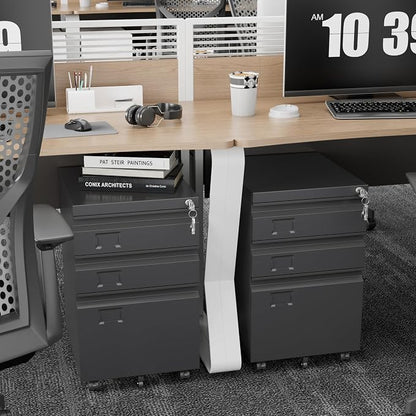 METAN Metal 3 Drawer Mobile File Cabinet with Lock, Under Desk Metal Filing Cabinet for Legal/Letter File, Need Assembley, Black