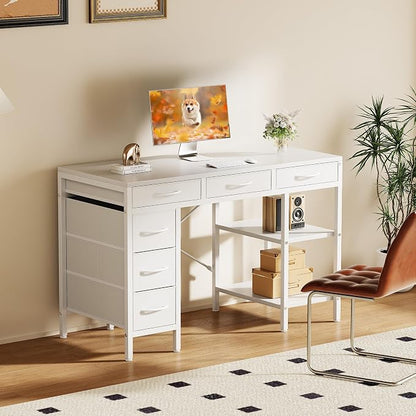OLIXIS Computer Desk with 6 Drawers, 47 inch Office Workstation with Storage Shelves, Reversible Gaming Setup, Corner Table with Storage Drawers, Work for Home Office, Study, Living Room, White