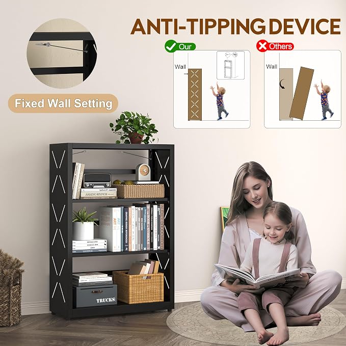 UNICOLY Bookshelves and Bookcases, 3 Tier Metal Bookshelf with Adjustable Shelves and Bookends, Open Shelf Bookcase, Display Shelves for Home Decor Bedroom, Living Room, Home Office, Black