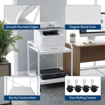 2 Tier Large Printer Stand, 20 Inches Deep Under Desk Printer Table with Height Adjustable Shelf, Rolling Printer Cart with Wheels for Home Office Storage - White
