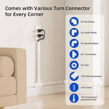 Delamu Large 236in Cord Hider for 3-4 Cords, Cord Covers for Wires on Wall, Easier Install Wire Covers for Cords on Wall, Cable Wire Hider, Cable Cover Management Raceway, W1.18 H0.63in, White