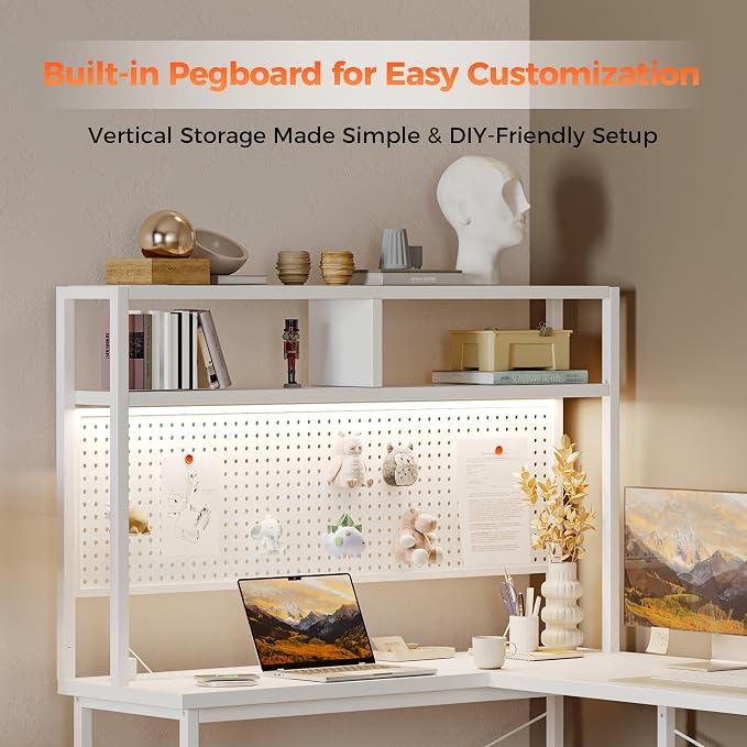 Mericonia 51 inch Large L Shaped Desk with Pegboard Hutch & Shelves, Corner Gaming Desk with Power Outlet, LED Light & Storage Bag, Reversible Computer Desk for Home, Bedroom, Office Workspace, White