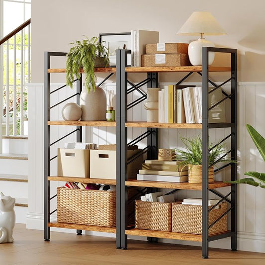 DurayLoly 2 Pieces 4 Tier Bookshelf, Industrial Bookcase with Metal Frame and Sidebars, Small Bookshelf for Bedroom, Home Office and Living Room, Rustic Brown