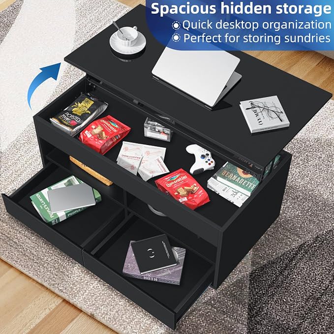 HOMMPA 40'' LED Coffee Table Morden with High Gloss Black Lift Top Dining Table with Hidden Storage Living Room 4 Tiers Tea Table Center Tables Hidden Compartment & 2 Open Shelve & 2 Drawers