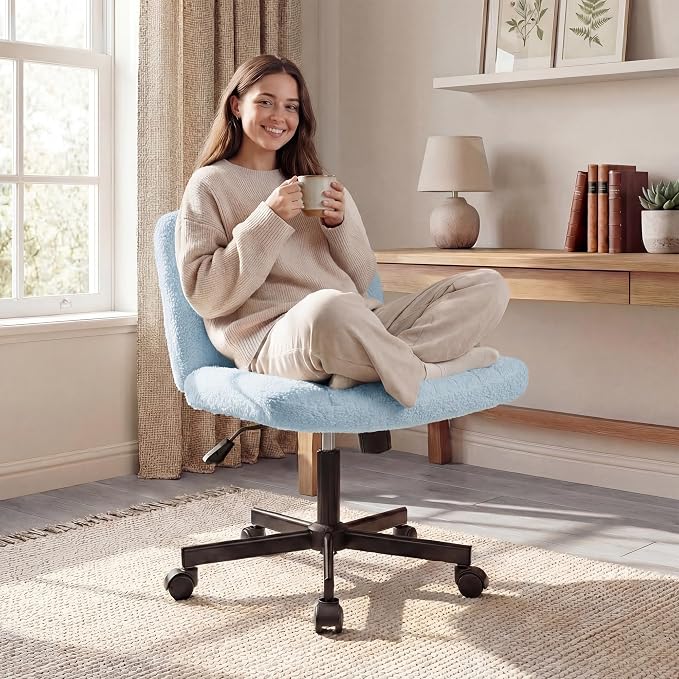 Orange Factory Criss Cross Chair Wheels Vanity Chair Office Desk Comfy Wide Cross Legged Armless Teddy Fabric Adjustable Swivel for Home Computer Task (Blue, Teddy Fleece)