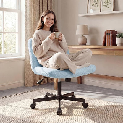 Orange Factory Criss Cross Chair Wheels Vanity Chair Office Desk Comfy Wide Cross Legged Armless Teddy Fabric Adjustable Swivel for Home Computer Task (Blue, Teddy Fleece)
