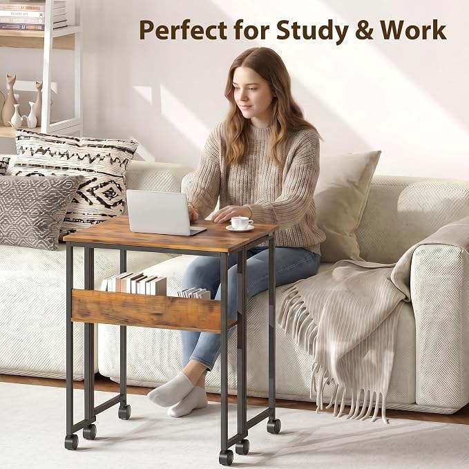 Folding Desk with Storage Shelf, 24.8 Inch Foldable Computer Table with Wheels for Small Spaces,Space Saving Sofa Table for Couch, Rolling Writing Work Office Computer Desk, Easy to Fold,Walnut
