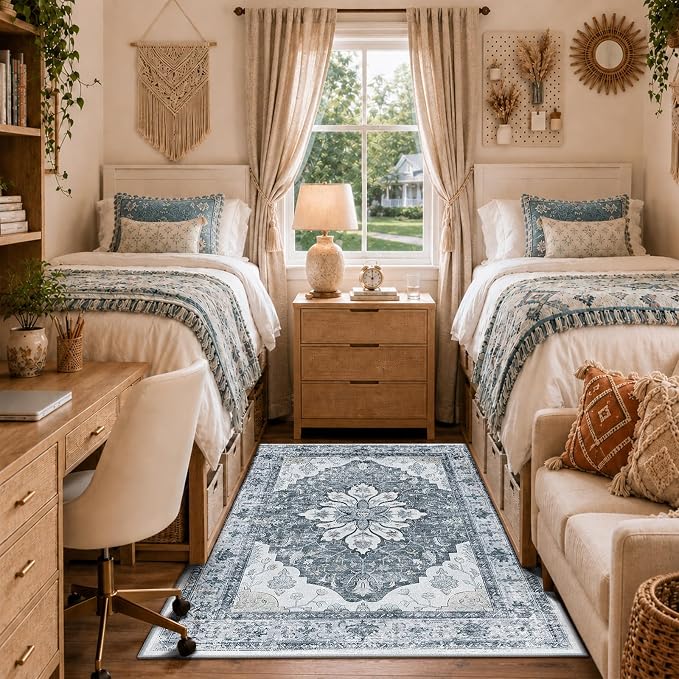 RELEANY Area Rugs 4'x6' Washable Non-Slip, Floral Vintage Distress Medallion Carpet for Living Room Bedroom Dining Room, Light Gray Grey White