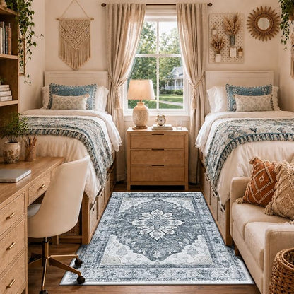 RELEANY Area Rugs 4'x6' Washable Non-Slip, Floral Vintage Distress Medallion Carpet for Living Room Bedroom Dining Room, Light Gray Grey White