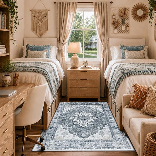 RELEANY Area Rugs 4'x6' Washable Non-Slip, Floral Vintage Distress Medallion Carpet for Living Room Bedroom Dining Room, Light Gray Grey White