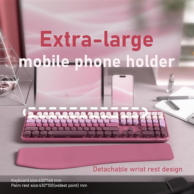 Wireless Keyboard and Mouse, Colorful 104-Key QWERTY with Round Keys, Phone Holder, Wrist Rest, Power Buttons, 2.4GHz USB for PC Laptop (Rose Red Gradient)