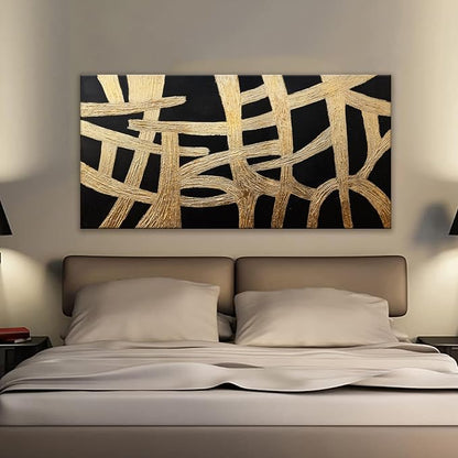 Abstract Wall Art Paintings Canvas Wall Art Decor Black And Gold Lines Artwork for Walls Texture Wall Decorations Modern Minimalist Wall Art Living Room Decor For Room Bedroom Office Wall Decor 24"X48"