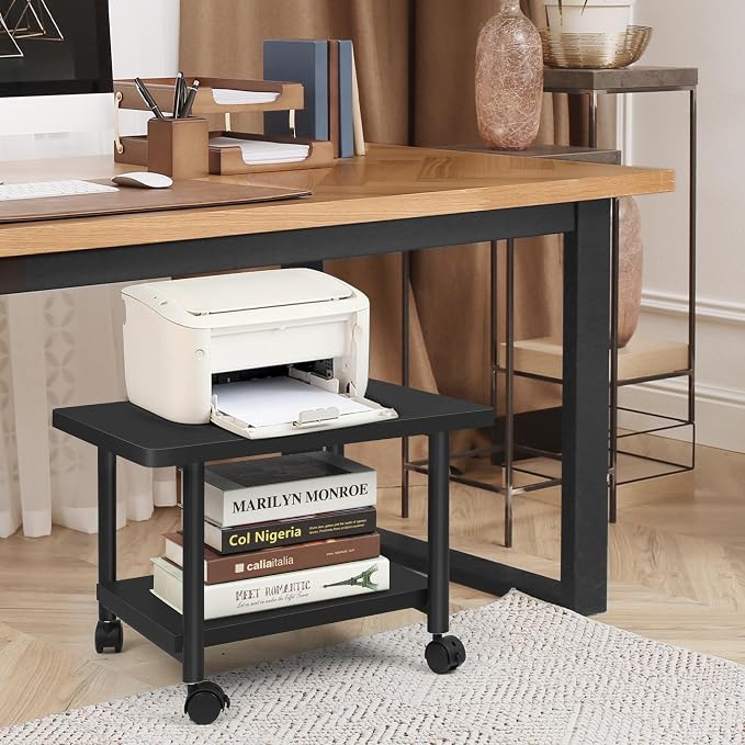 Under Desk Printer Stand - 2-Tier Industrial Mobile Printer Table with Storage Shelf, Heavy Duty Wood Rolling Printer Cart with Wheels for Home and Office,Classic Black