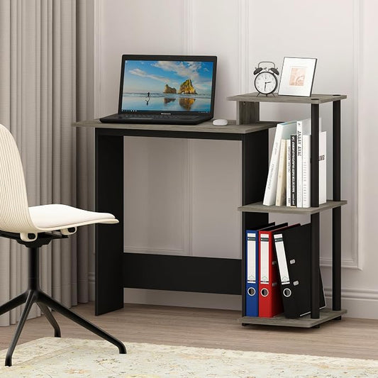 Furinno Efficient 29-Inch Grey Computer Desk with Side Shelves, Gaming Desk with 3 Open Shelves, Home Office Desk, for Home Office, Study Room, Dorm, Bedroom, Grey Oak/Black