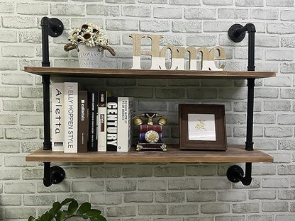 HDDFER Pipe Shelves Industrial Pipe Shelving Shelves Real Wood Industrial Floating Pipe Shelves with Wood Planks 36 inch Wall Shelves Rustic Hanging Bookshelf Farmhouse Kitchen Bar Shelving