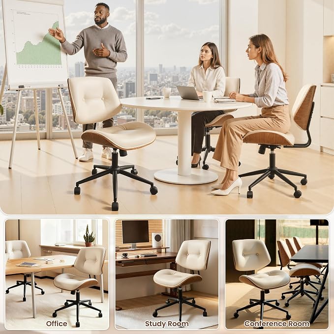 ovios Home Office Chair with Wheels, Modern PU Leather Swivel Computer Desk Chair, Mid Back Adjustable Height Armless Walnut Chairs for Office (White Button)