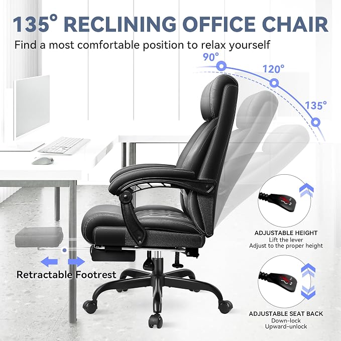 Office Chair, Big and Tall Office Desk Chair, Reclining Office Chair with Footrest Home Office Desk Chairs, High Back Ergonomic with Lumbar Support, Executive Leather
