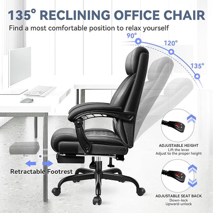 Office Chair, Big and Tall Office Desk Chair, Reclining Office Chair with Footrest Home Office Desk Chairs, High Back Ergonomic with Lumbar Support, Executive Leather
