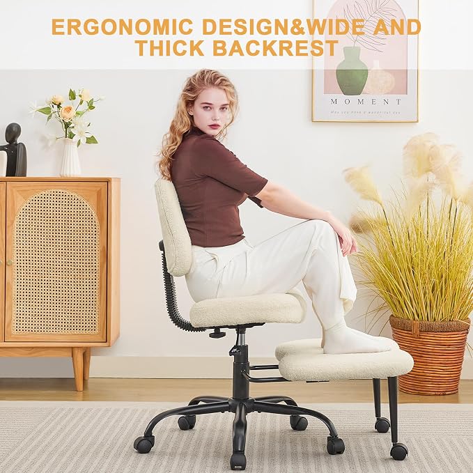 Criss Cross Legged Meditaion Chair,Exquisite Home Office Furniture,Ergonomic Kneeling with Lumbar Support and Adjustable Height Stool,for ADHD Adults,Teddy Fabric (Beige, Teddy Fabric)