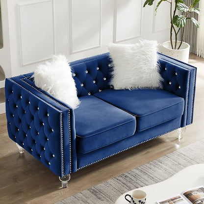 mikibama Velvet Loveseat with Buttons and Square Arms 59 Inch Tufted Sofa with Trimmed Nailhead and Acrylic Legs Loveseat Couch for Living Room,Bedroom (Navy Blue-Crystal Legs, Loveseat)
