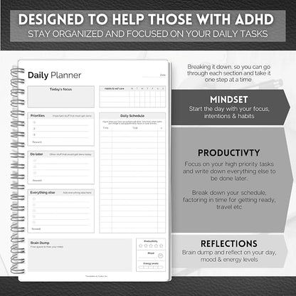 ADHD Daily Planner for Neurodivergent Adults - Productivity Daily Planner & Task Management to Stay Organized and Focused (Mono)