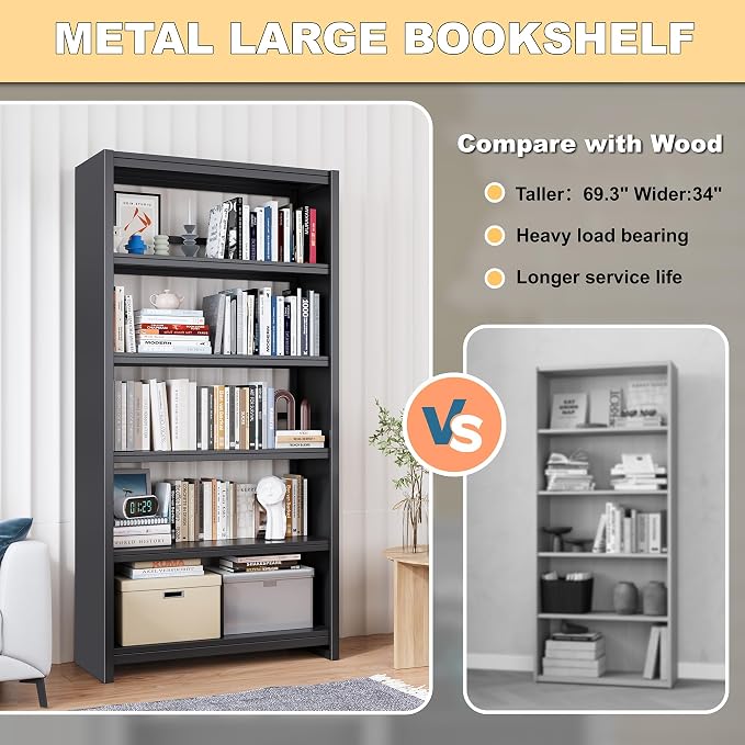 OSEILLC 69" Metal Bookshelf,5 Tier Library Bookcase,Bedroom Bookshelves and Bookcases,Tall Book Case/Shelves for Living Room,Office,Black Large Bearing Book Shelf