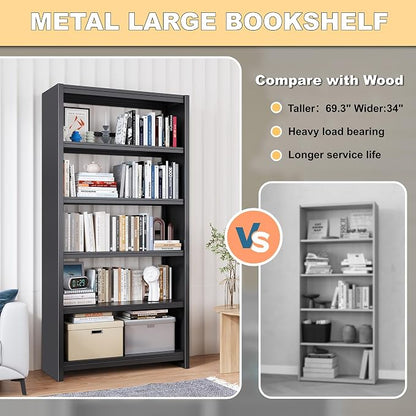 OSEILLC 69" Metal Bookshelf,5 Tier Library Bookcase,Bedroom Bookshelves and Bookcases,Tall Book Case/Shelves for Living Room,Office,Black Large Bearing Book Shelf