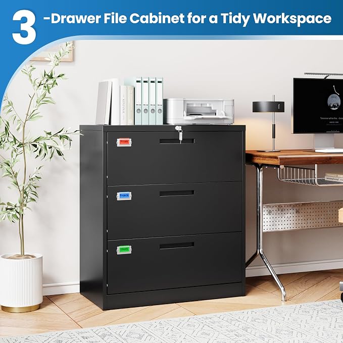 PEUKC 3 Drawer File Cabinet, Lateral Filing Cabinets for Home Office, Office Storage Drawers with Lock, Hanging Files Legal/Letter A4 Size (Assemble Required,Black)