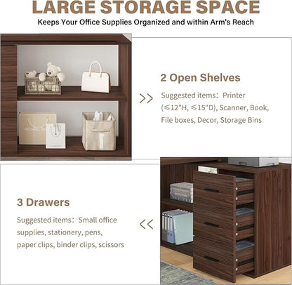 HSH L Shaped Office Desk with Drawers Shelves 55-76 Inch, Corner Computer Desk with Storage 360 Rotating Long for Work, Executive, Study, Writing, Teacher, Bedroom Modern Gaming Table, Walnut