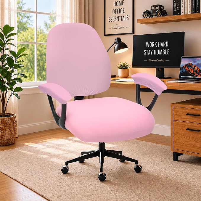 Stretchable Separate Office Chair Seat Covers - Universal Stretch Computer Chair Slipcover Rotating Backrest Coverings & Cushion Protectors & Armrest Covers for Dogs, Cats, Pets, Pink