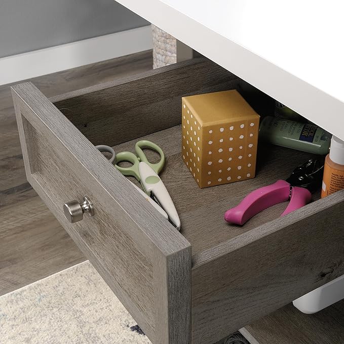 Sauder Craft Pro Series Durable Craft Work Table with Storage/Pantry cabinets, Mystic Oak Finish