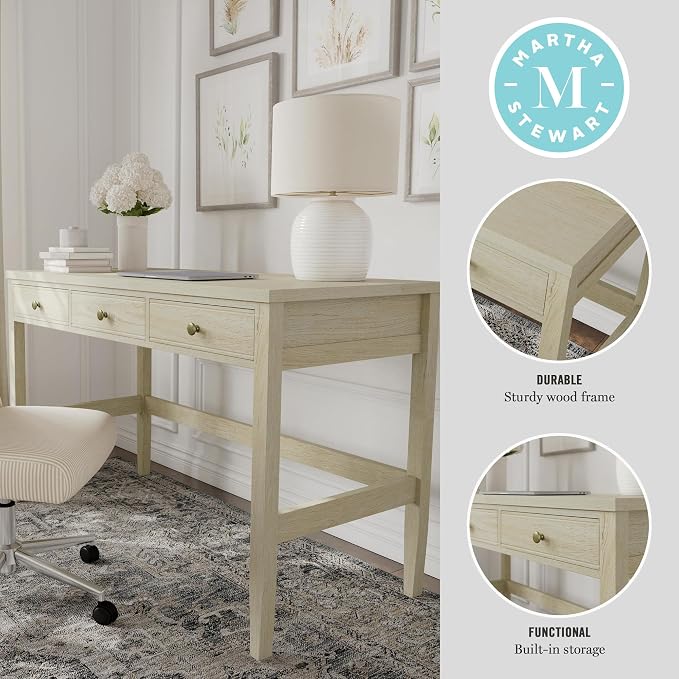 Martha Stewart Rhett Home Office Desk with 3 Drawers and Tapered Legs in Black with Oil Rubbed Bronze Hardware