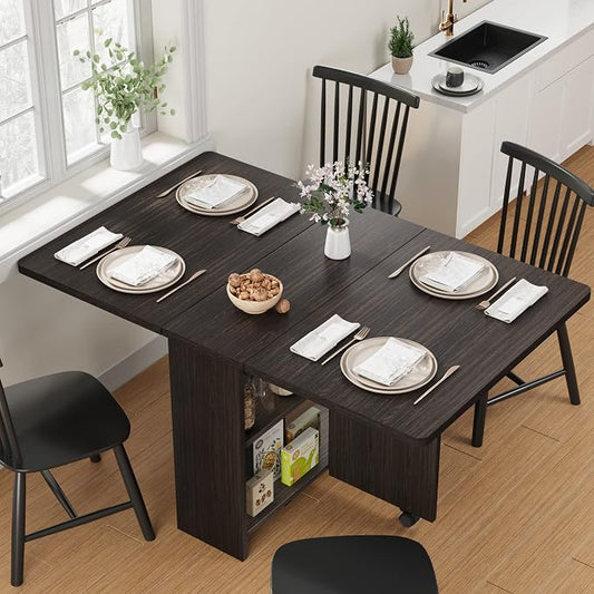 IDEALHOUSE FoldingTable, Drop Leaf Dining Table with 6 Wheels and 2-Layer Storage Shelf, Space Saving Table for Small Spaces (Dark Walnut, 50.1" D x 31.4" W x 29.5" H)