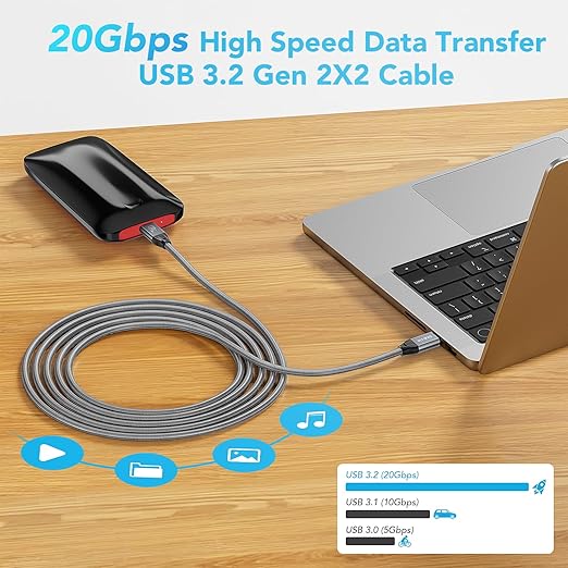 ULT-WIIQ 5FT USB C to USB C 3.2 Gen 2 x 2 Video Cable for Portable Monitor, 4K@144/120/60Hz 8K Display Cable, 20Gbps Data Transfer, PD 3.1 240W Fast Charging, for iPhone 17, MacBook, SSD, CarPlay