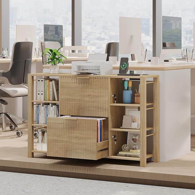 Filing Cabinet for Home Office, Fluted Wood File Cabinet with 2 Drawers Fit Letter/Legal/A4 Folders with Tabs, 43.3"W Printer Stand with Lock & 2 Power Outlets, 6 Storage Shelves (Natural Oak)