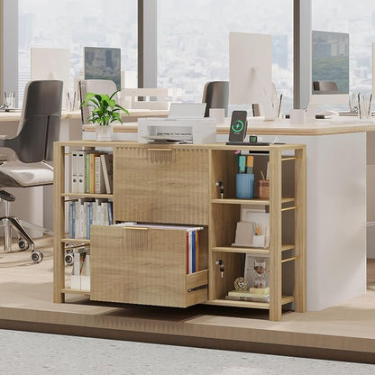 Filing Cabinet for Home Office, Fluted Wood File Cabinet with 2 Drawers Fit Letter/Legal/A4 Folders with Tabs, 43.3"W Printer Stand with Lock & 2 Power Outlets, 6 Storage Shelves (Natural Oak)