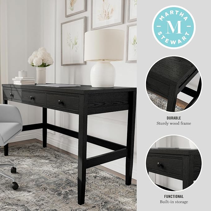 Martha Stewart Rhett Home Office Desk with 3 Drawers and Tapered Legs in Black with Oil Rubbed Bronze Hardware