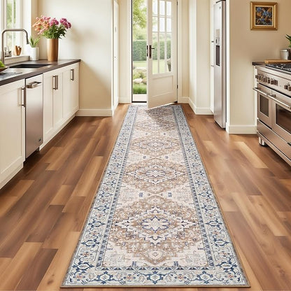 Lofus 2'6"x10' Runner Rug for Hallways, Washable Kitchen Rugs, Non-Slip Rugs for Entryway and Bedroom, Vintage Boho Carpet, Soft Low Pile Long Runner Area Rug, Floral Brown