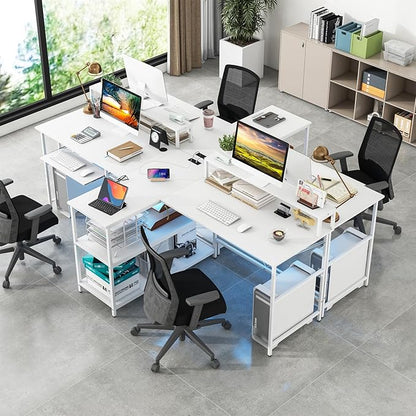 Tangkula 2-Person Reversible Computer Desk with LED Lights, 94.5” Long Office Desk with Power Outlets, Monitor Stand, Keyboard Tray & 2 Storage Shelves, Double Desk for Gaming Working Writing (White)