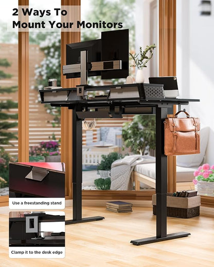 FiCiHi Electric Standing Desk with Four Drawers, 40 x 24 Inch Adjustable Height Sit Stand Desk, C-Clamp Compatible Home Office Desk with Storage Shelf & Monitor Stand Riser, Classical Black