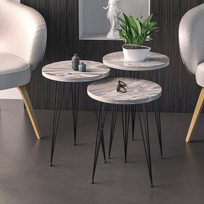 Set of 3 Grey Marble Nesting End Tables Round Wood Stacking Coffee Side Accent Table with Metal Legs for Living Room, Home Office, Nightstands for Bedroom