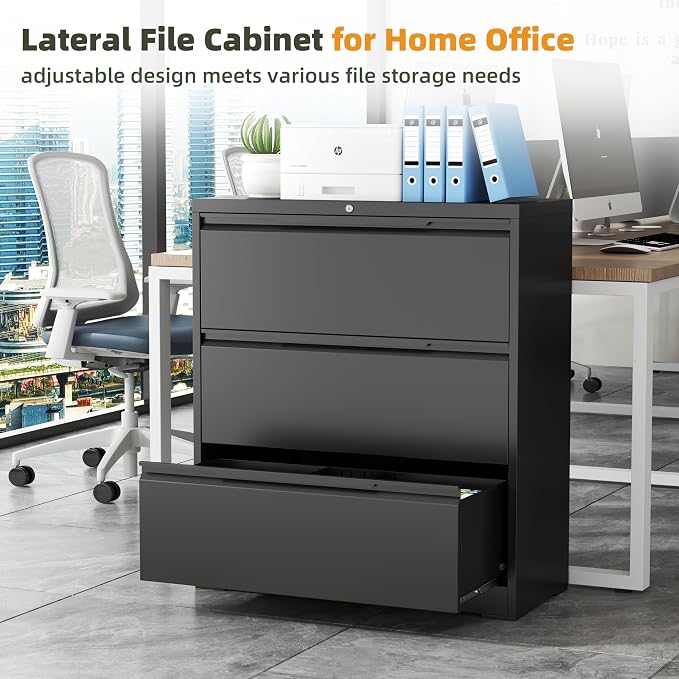 Lateral File Cabinet, 3 Drawer Lateral Filing Cabinet with Lock, Metal Lateral Filing Cabinet for Home Office, Office Organization Cabinet for Letter/Legal/F4/A4 Size (Require Assembly)